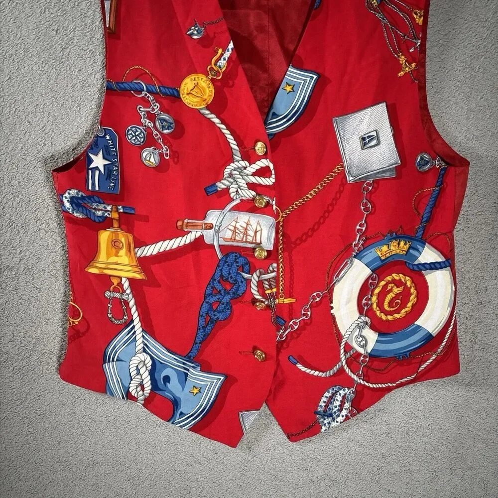 LIZ CLAIBORNE COLLECTION WOMENS RED NAUTICAL‎ SATIN VEST, SZ L 90s - Picture 3 of 9